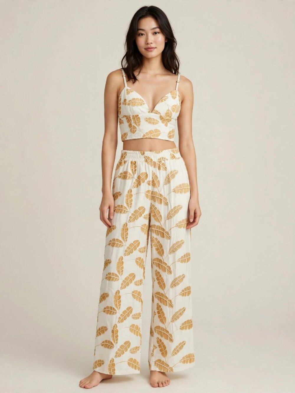 LA DIOSA Ivory Gold Leaf Embroidered 2 Piece Set Smocked Crop Top Pants S NWT